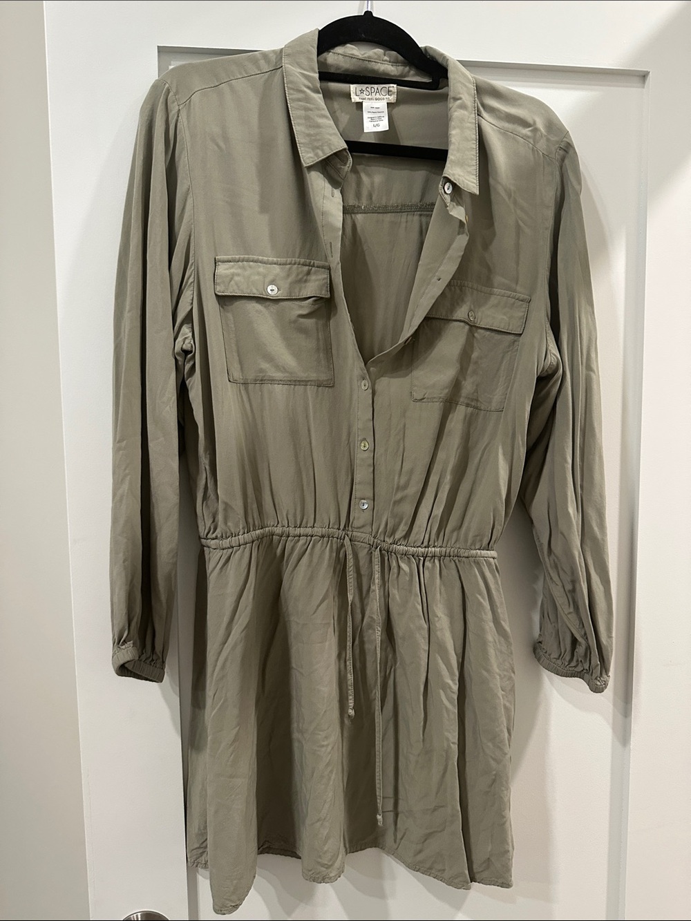 l*space Amelia Olive Green Long Sleeve Drawstring Shirt Dress Large